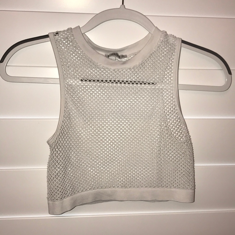 White cropped fishnet tank top